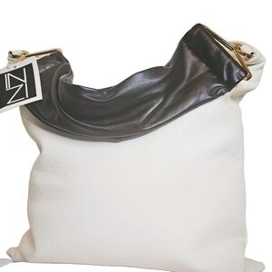 [INZI] White & Black Shoulder Vegan Leather Tote Bag Wide Blk Strap Gold Accents